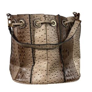 Brown Faux Vegan Croc Leather Patched Large Bucket Bag Toggle Close Crocodile